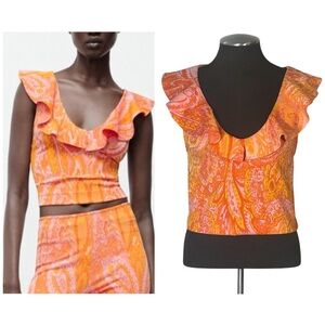 Zara – Paisley Ruffle V-Neck Sleeveless Colorful Crop Top – Large